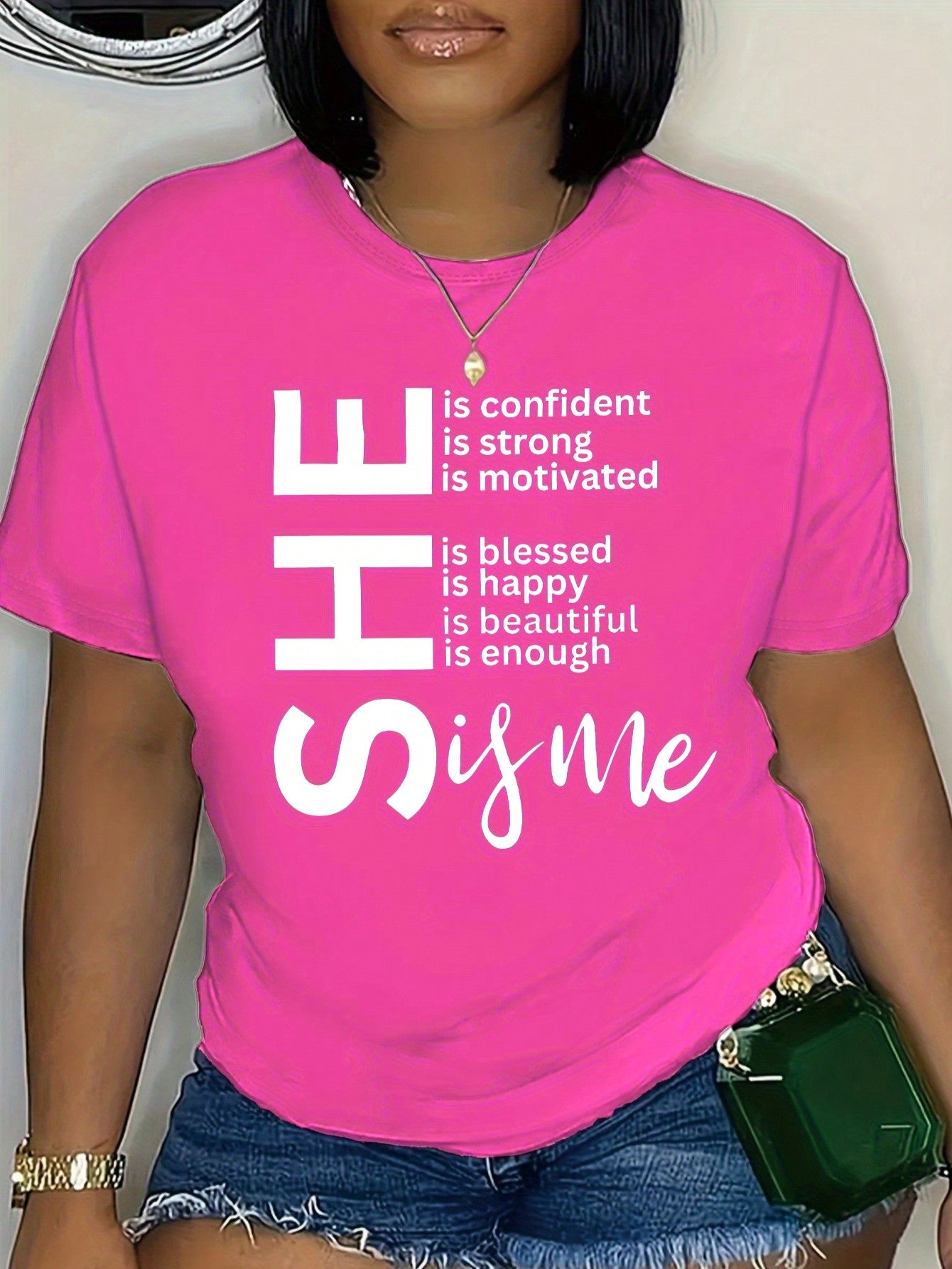 Plus Short-Sleeved T-Shirt With Slogan SHE Is Confident Is Strong Is Motivated Is Happy Is Beautiful Is Enough Is Me