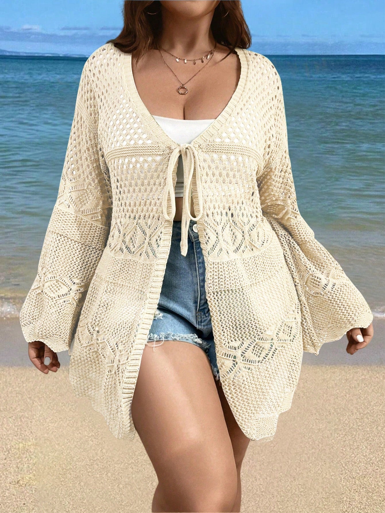 Plus Size Women Fashionable Solid Color Hollow Out Long Sleeve Cardigan