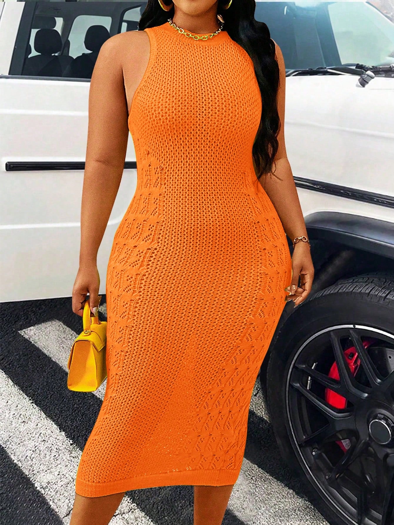 Plus Size Women Summer Solid Color Round Neck Sleeveless Sweater Dress With Hollow Design