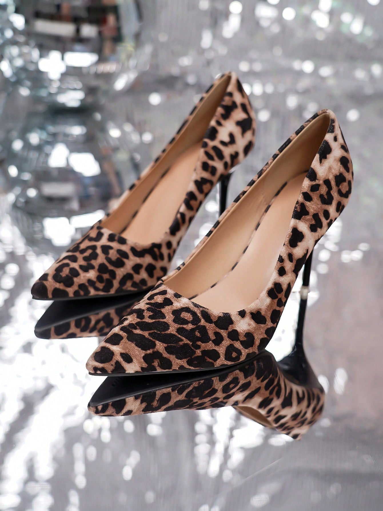 Fashionable European And American Style Sexy Leopard Printed Suede Thin Heeled Shallow Mouth High Heel Shoes