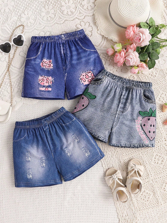 3pcs/Set Summer Young Girl Imitated Denim Printed Shorts