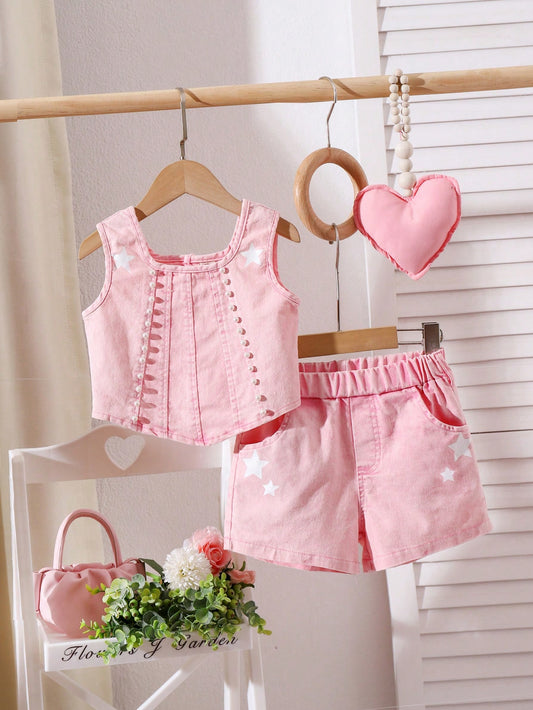 2pcs Young Girl Cute Denim Pearl Decor Vest And Shorts Set For Summer