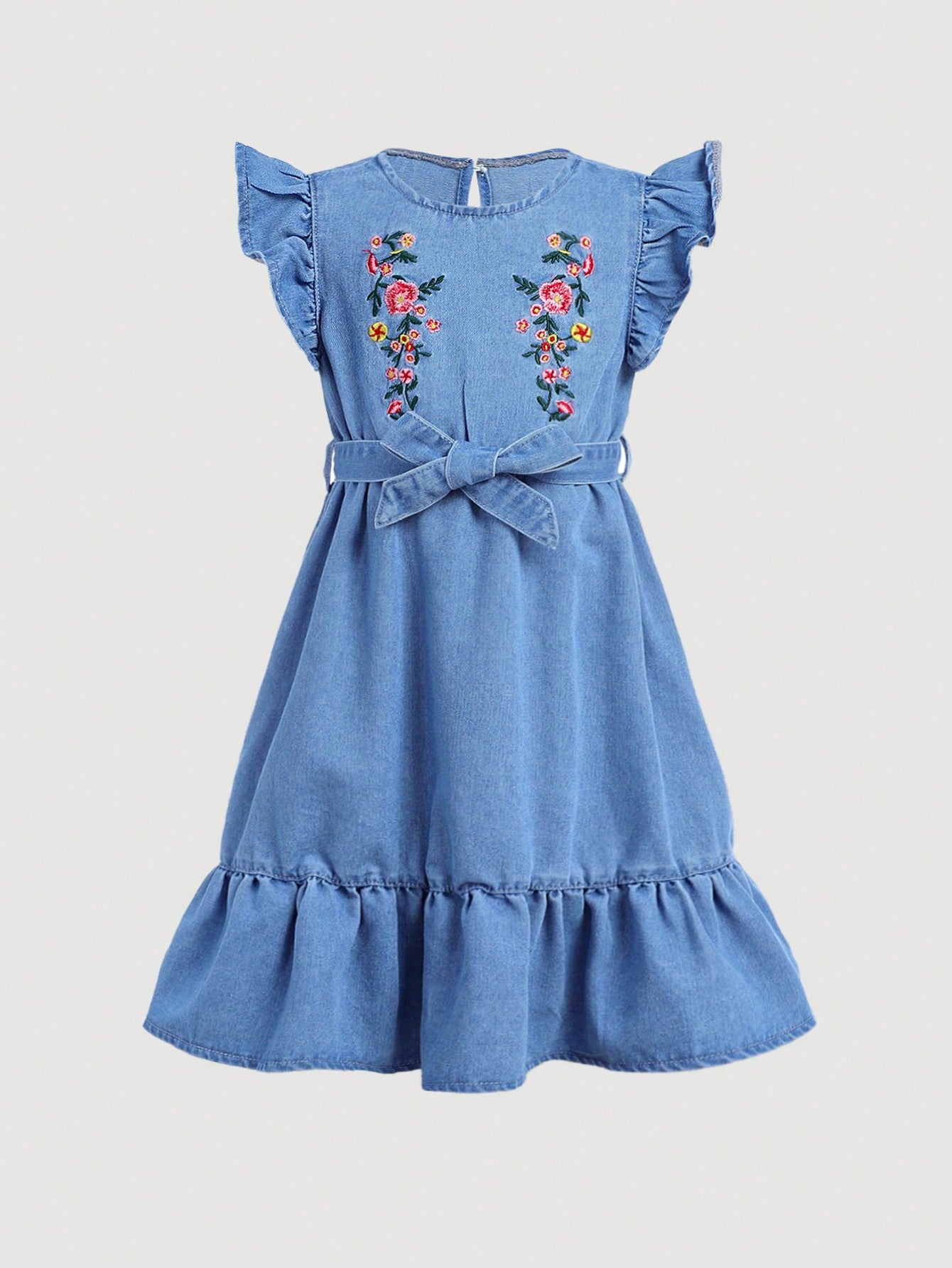 Young Girl Embroidered Denim Dress With Belt, Casual And Perfect For Vacation