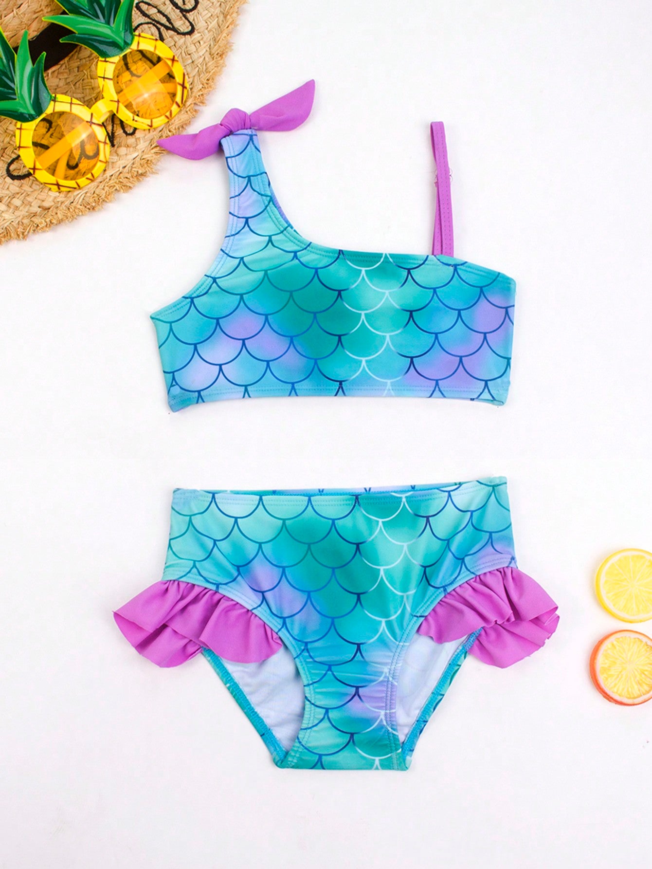 Young Girl 2pcs/Set Mermaid Bikini Set With Color Blocking Fish Scale Print, Fashionable Swimwear For Beach And Pool