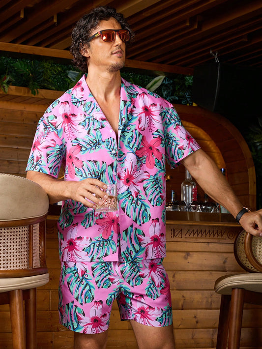 Men's Tropical Printed Short Sleeve Shirt And Shorts Vacation Beach Set