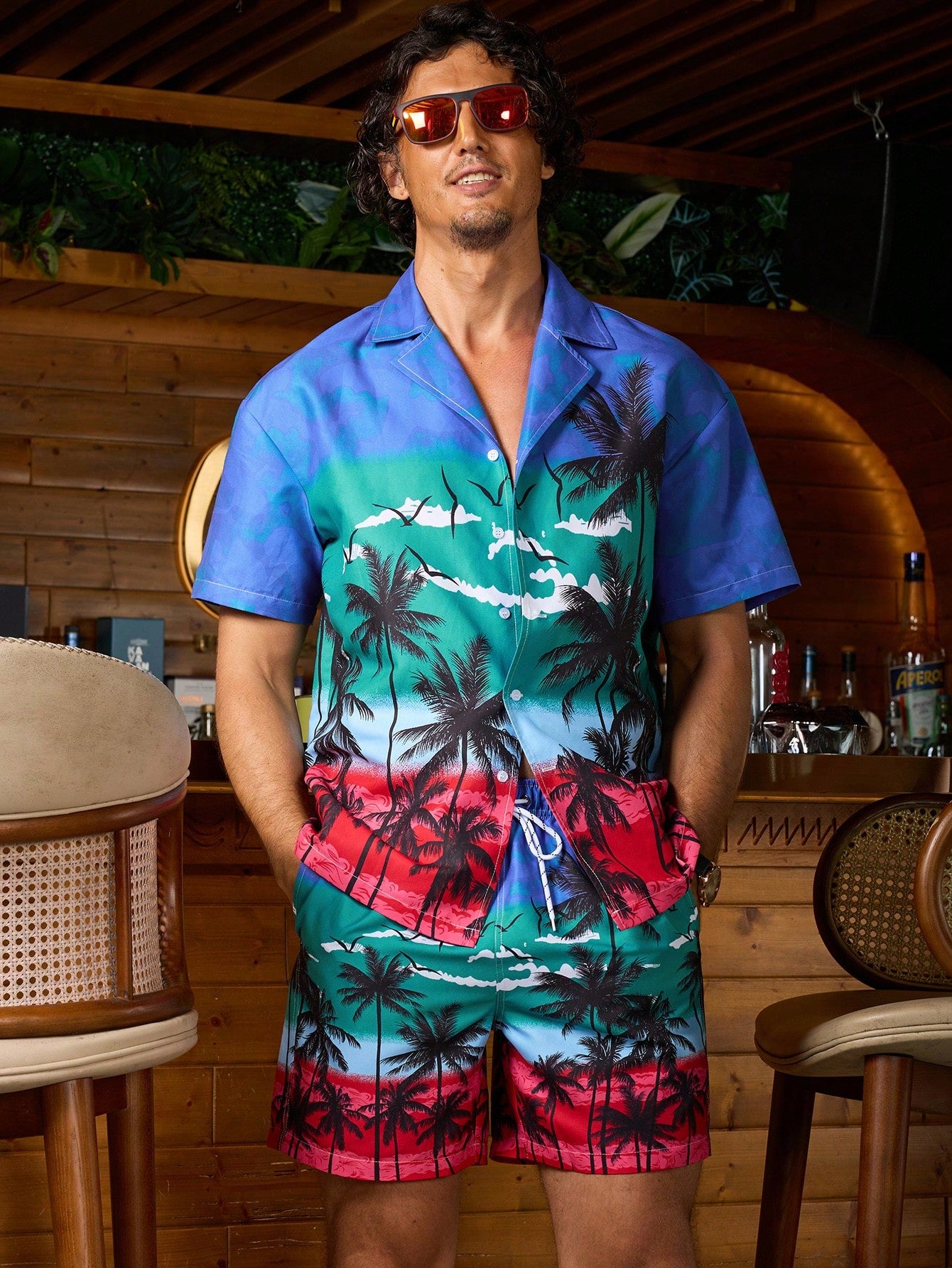 Men's Vacation Casual Coconut Tree Printed Color Block Short Sleeve Shirt And Shorts Beach Set