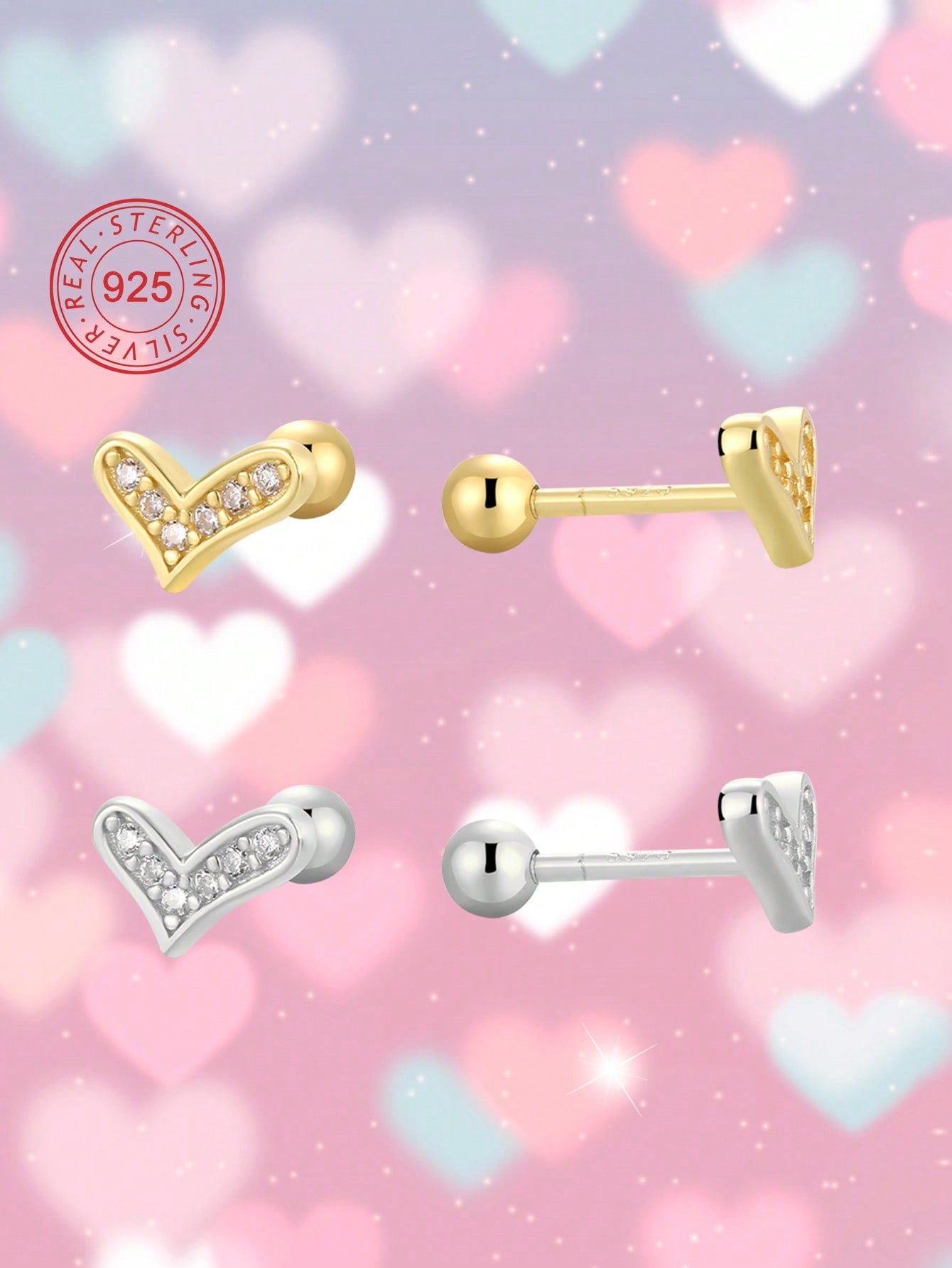 1pair 925 Silver Low Allergy Heart Stud Earrings, Set With Shimmering Zirconia, Gift Boxed With Blessing Card. Perfect Gift For Kids, Teen Girls Or Friends' Birthdays.