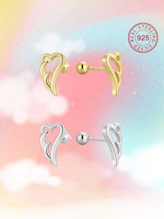 1 Pair Of 925 Silver Low Allergic Reaction Wing Shaped Stud Earrings, Spiral Ear Plugs, Gift Box With Blessing Card. Gift For Children Or Young Girls. Perfect Birthday Gift For Friends.