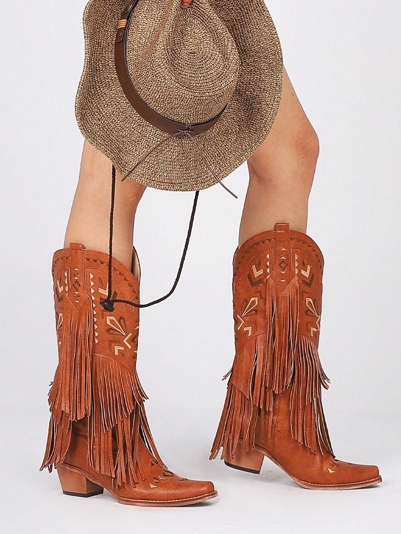 Fashion Fringe Cowboy Boots For Women Vintage Cowgirl Boots Snip Toe Chunky Heel Mid Calf Western Boots