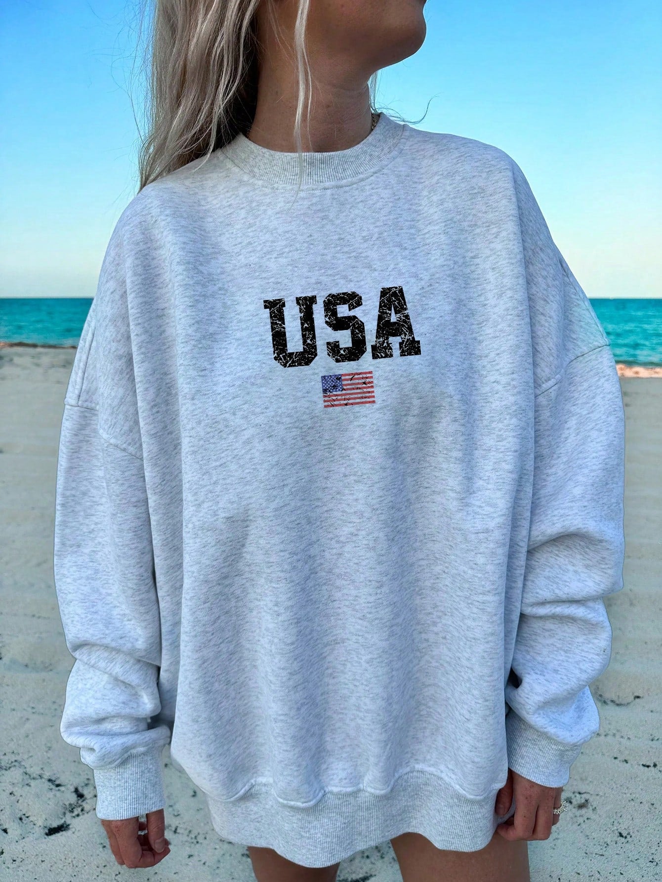 Casual & Simple American Flag Printed Round Neck Loose Women's Sweatshirt For Independence Day