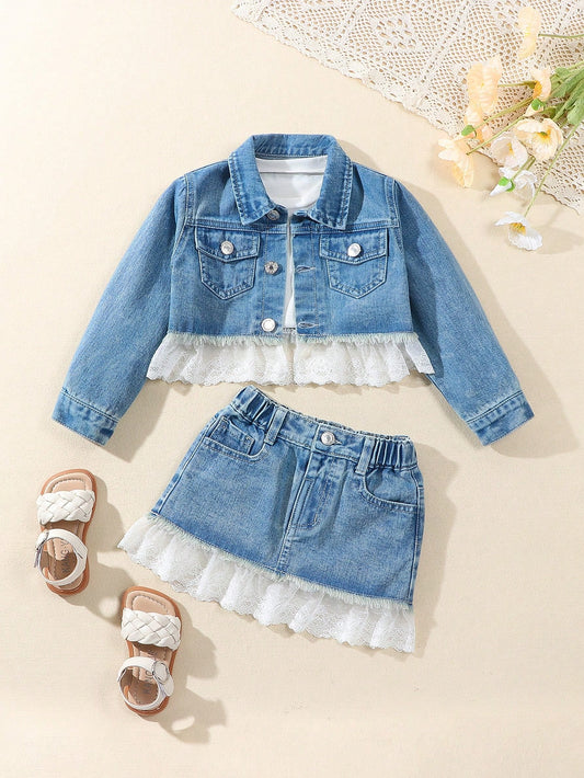 Young Girls' Spring/Summer Casual Color Block Lace Patchwork Jacket & Denim Skirt Set