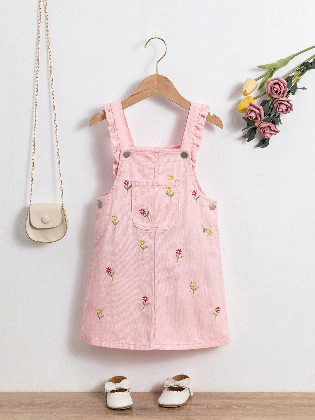 Young Girl Floral Embroidery Ruffle Trim Denim Dress