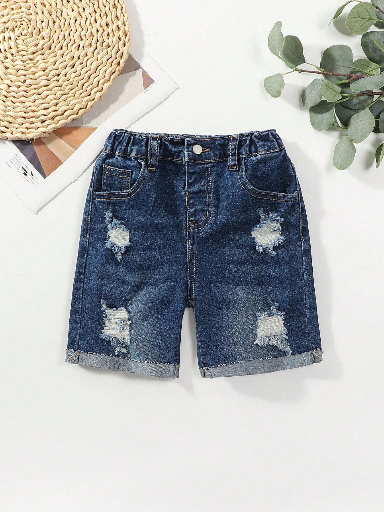 Kids Young Boy Daily Boho Street Casual Destroy Roll Up Hem Elastic Waist Stretchy Denim Shorts