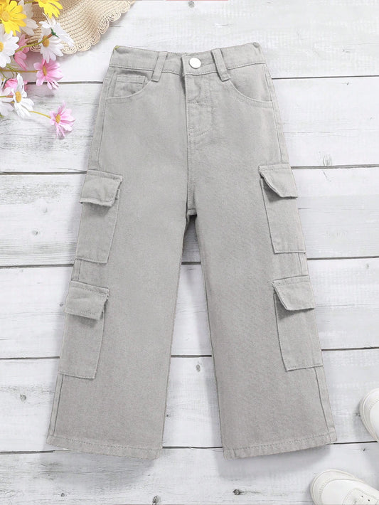 Young Girls Solid Color Casual Workwear Straight Leg Jeans With Pockets