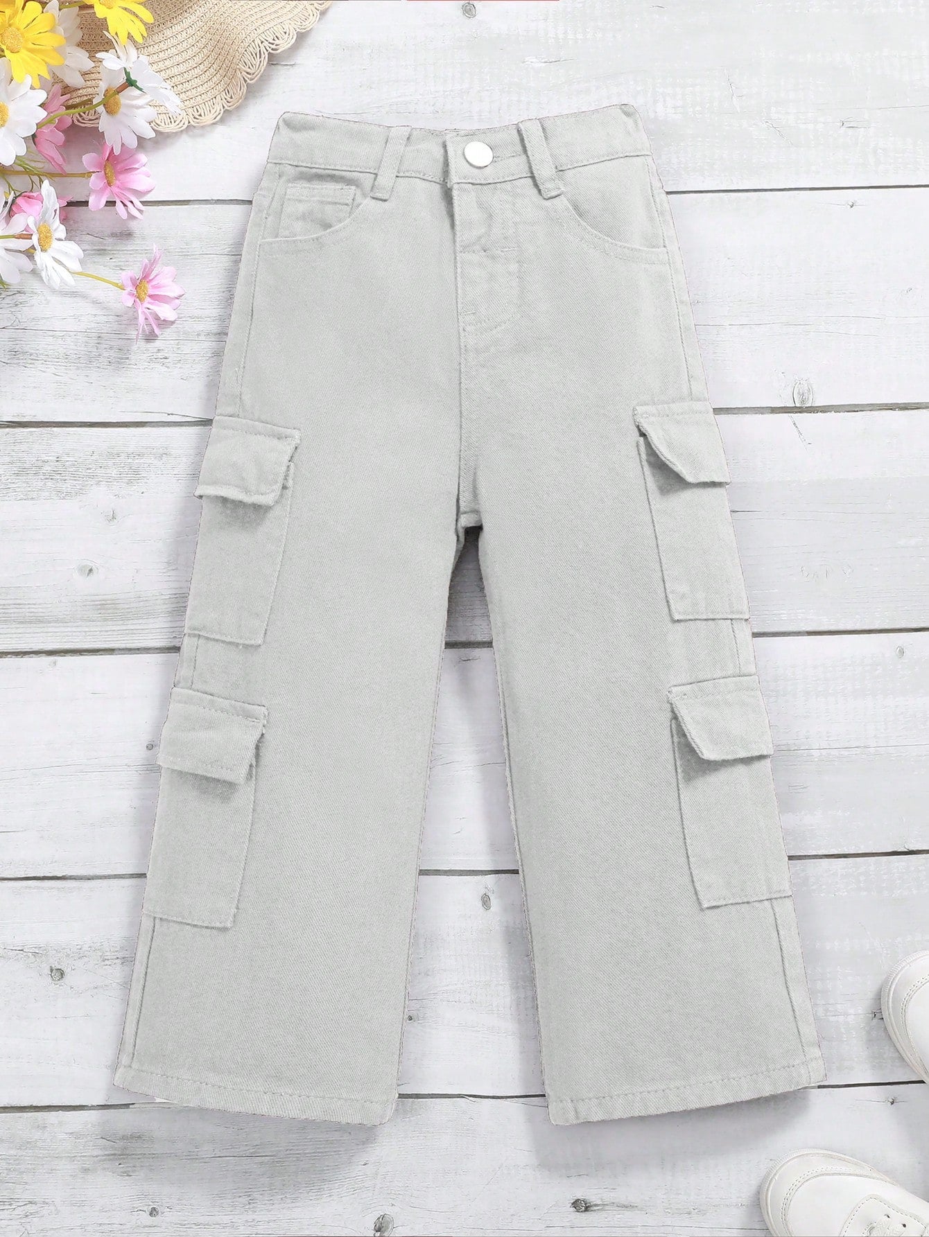 Young Girls Solid Color Casual Workwear Straight Leg Jeans With Pockets