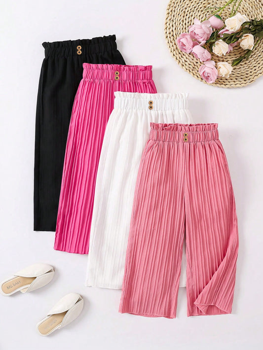 Young Girl And Toddler Girl Ruffled Waistband Button Embellished Top And Striped Texture Casual Pants Set, Comfortable And Versatile, Can Be Paired With Various T-Shirts, Shirts And Vests. Perfect For Summer Vacation, Outings And Daily Wear. Available In