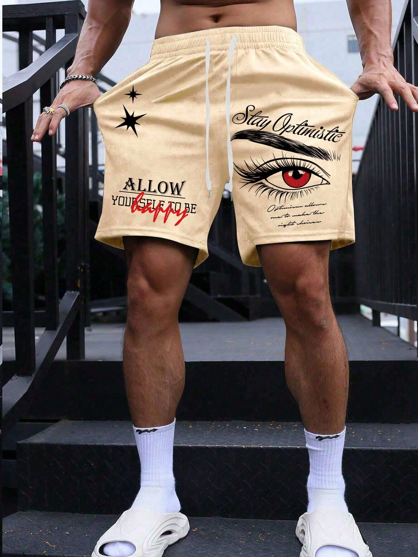 Plus Slogan Graphic Drawstring Waist Shorts For Summer