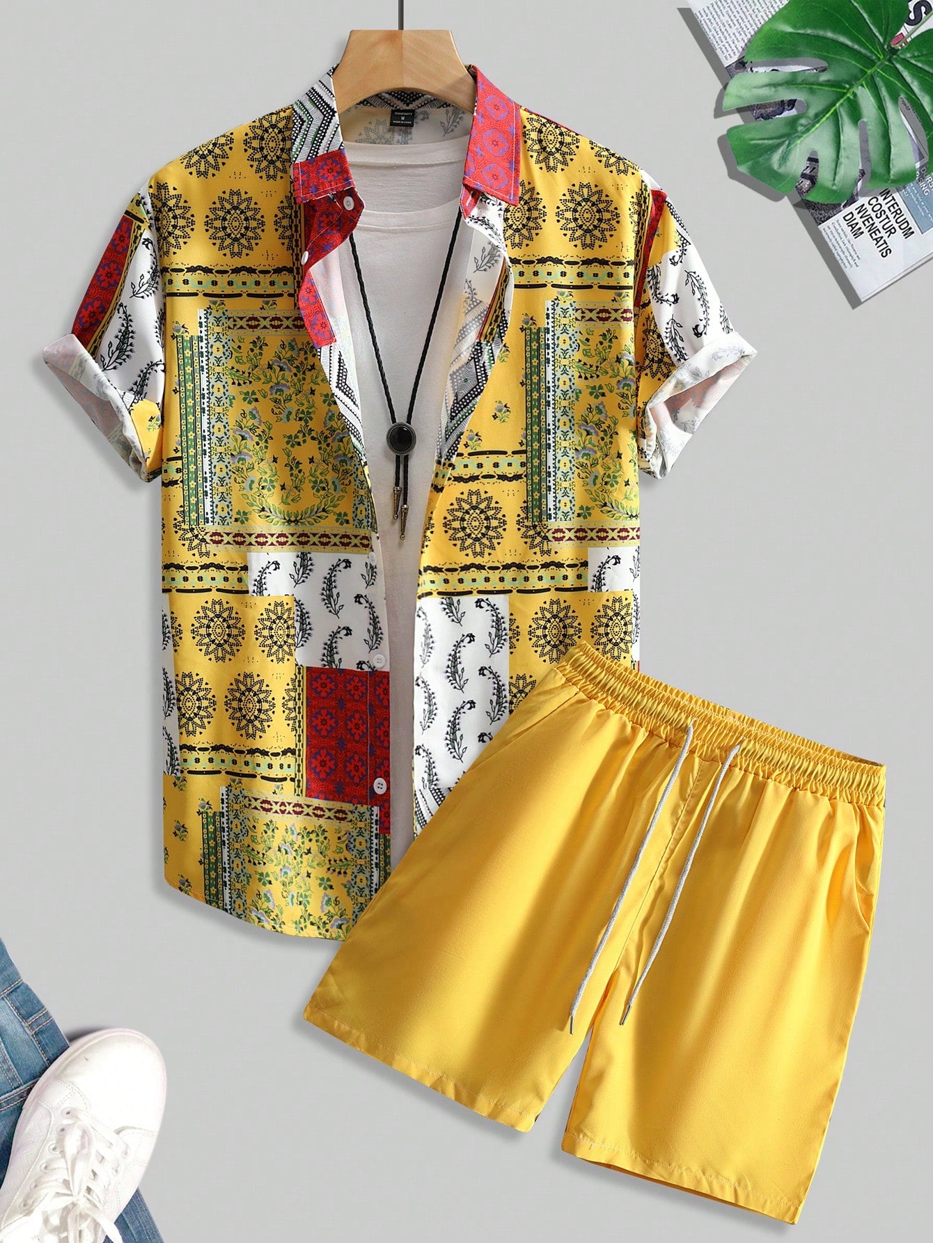 Men Patchwork Print Shirt & Drawstring Waist Shorts Without Tee