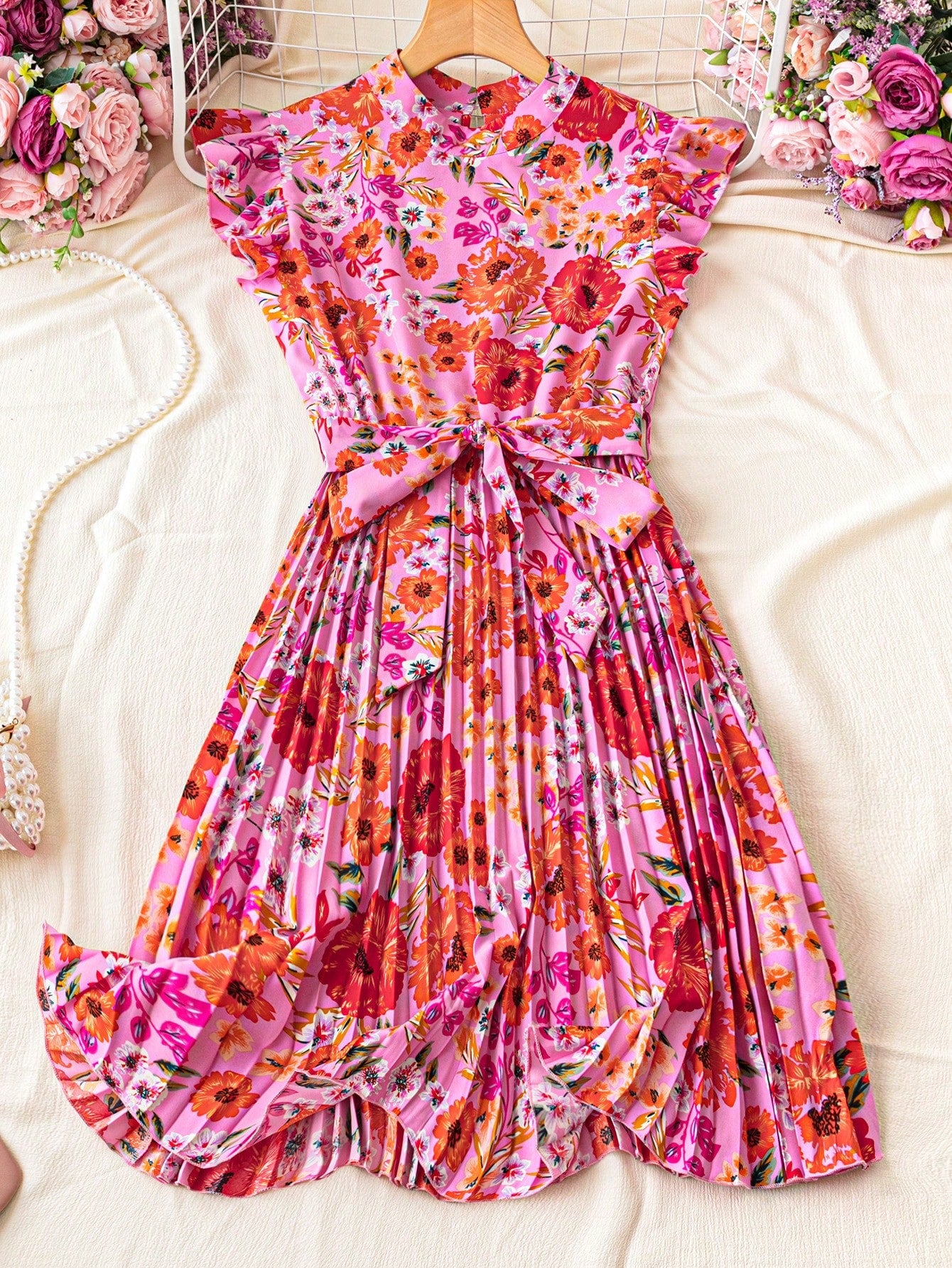 Floral Printed Mini Stand Collar Pleated A-Line Vacation Dress With Cinched Waist