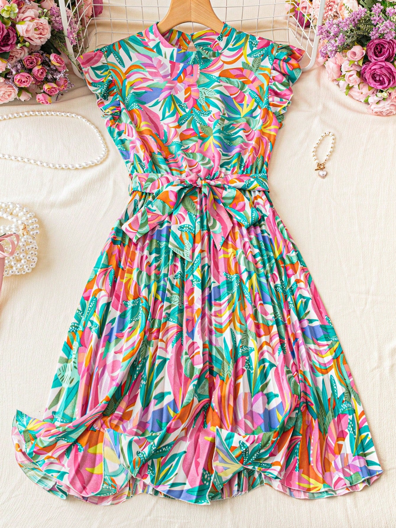 Floral Printed Mini Stand Collar Pleated A-Line Vacation Dress With Cinched Waist