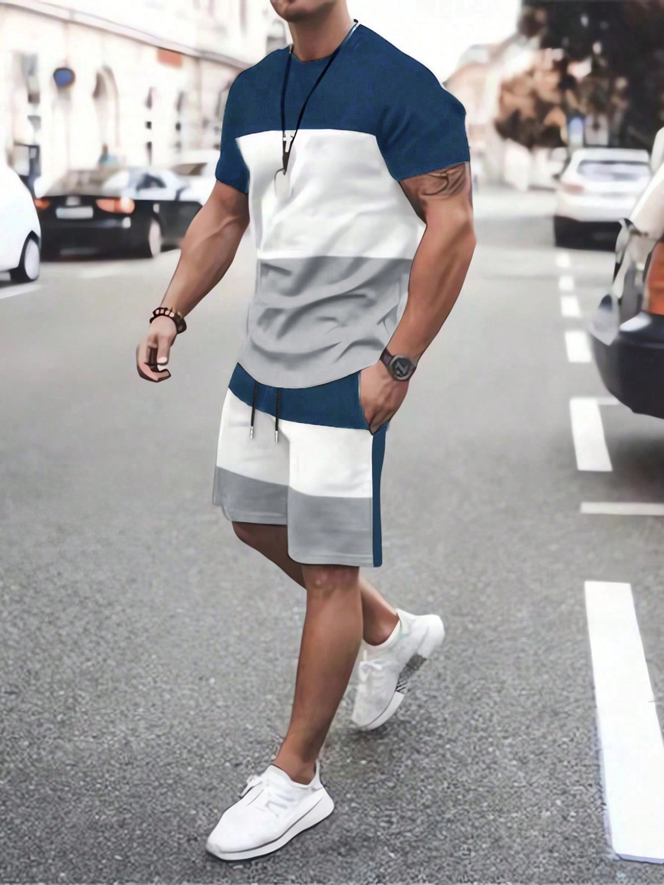 Men Color Block Tee & Drawstring Waist Shorts