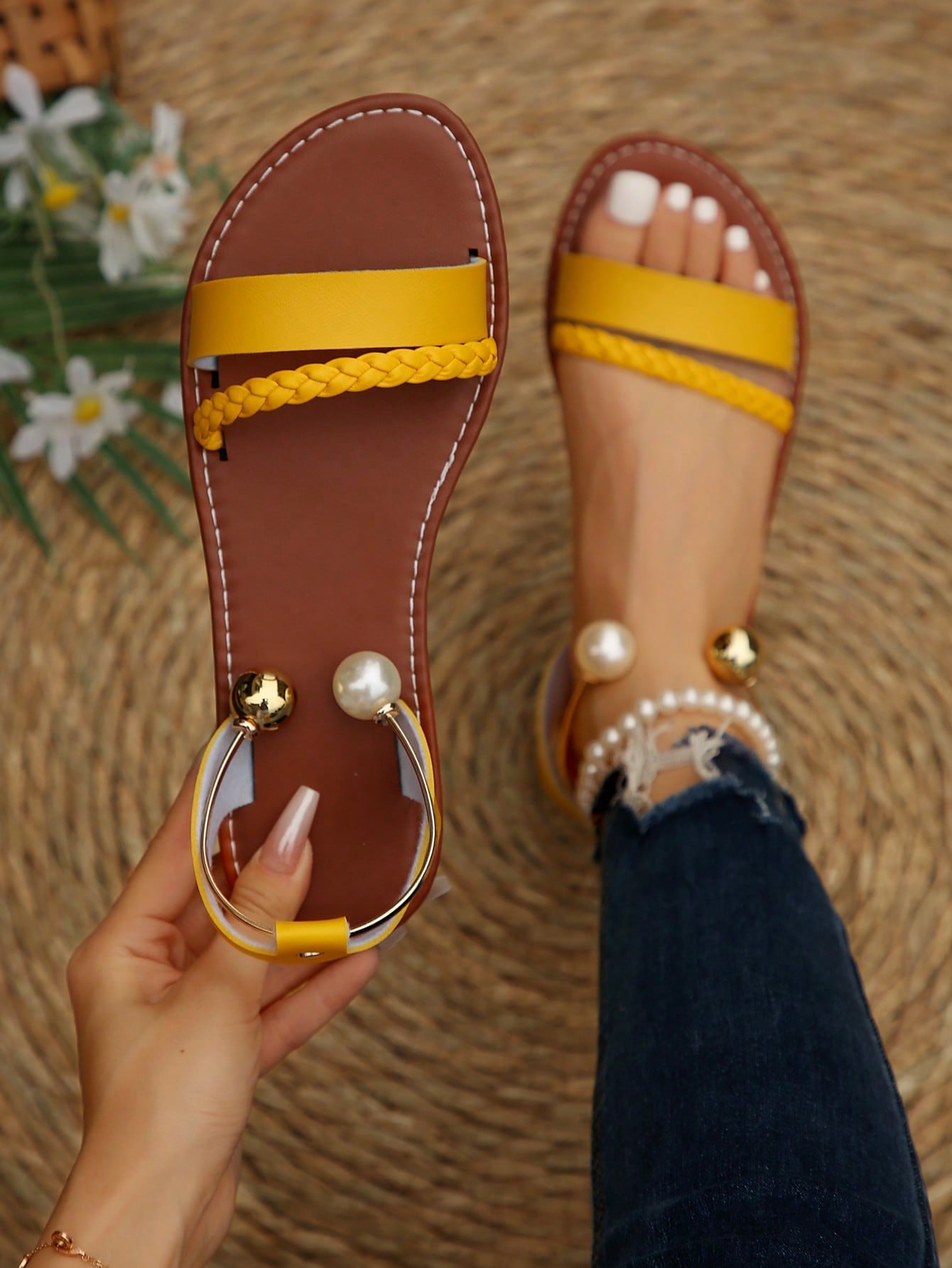 New Fashion Women's Flat Sandals With Pearl Ankle Strap, Trendy Beach Casual Shoes