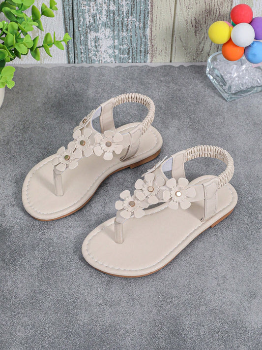 1pair Handmade Beaded Roman Sandals For Infant Girls, Flower Design, Round Toe & Open Clip, Comfortable & Lovely Flat Beach Sandals Suitable For Holiday, Leisure, Outdoor Gatherings In Summer For 3-12 Years Old