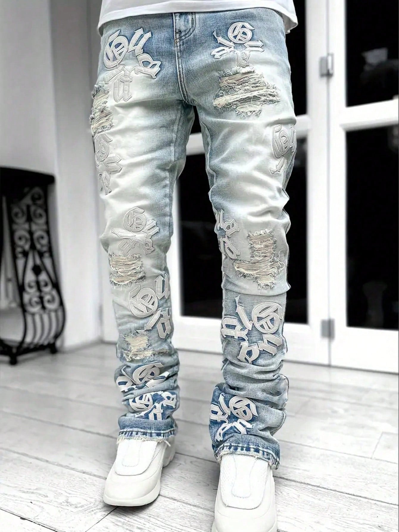 Vintage Embroidered Leather Flower Ripped Jeans For Teenagers