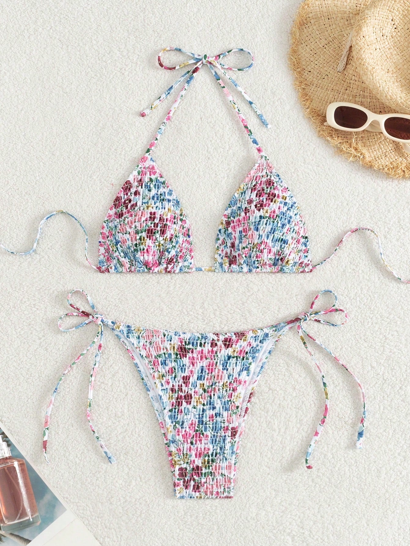 Swim Mod Summer Beach Floral Print Smocked Halter Triangle Bikini Set