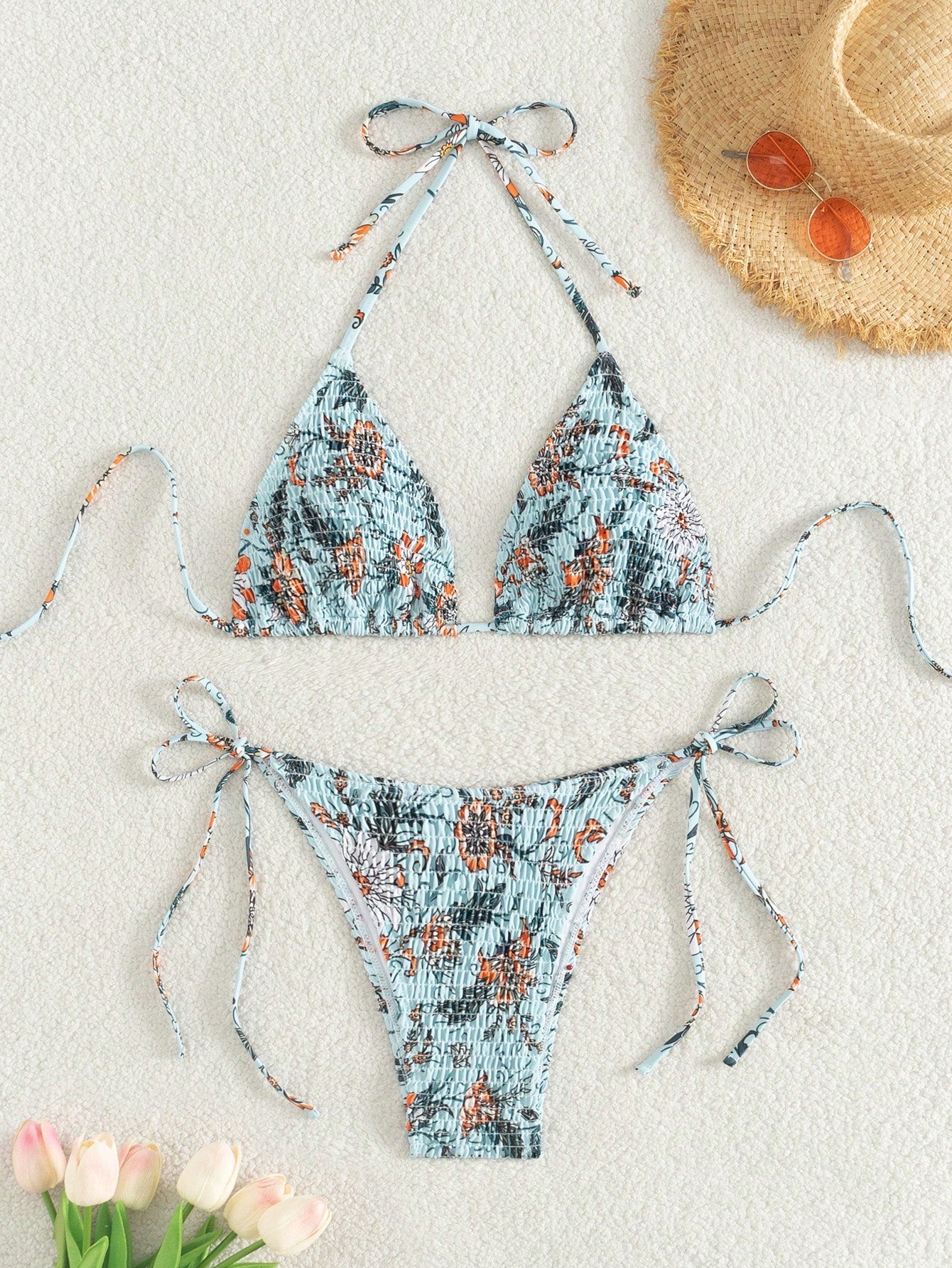 Swim Mod Summer Beach Floral Print Smocked Halter Triangle Bikini Set