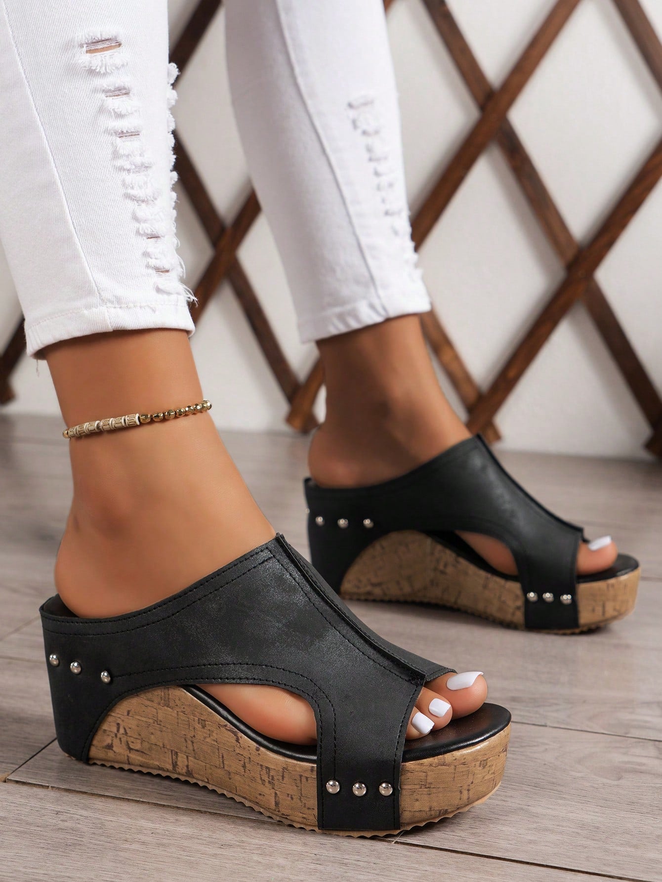 Vintage Peep Toe Peep-Toe Sandals For Women, Beige/Black Anti-Slip Thick Bottom Wedge Heels Outdoor/Beach Slippers, Comfortable High Heels