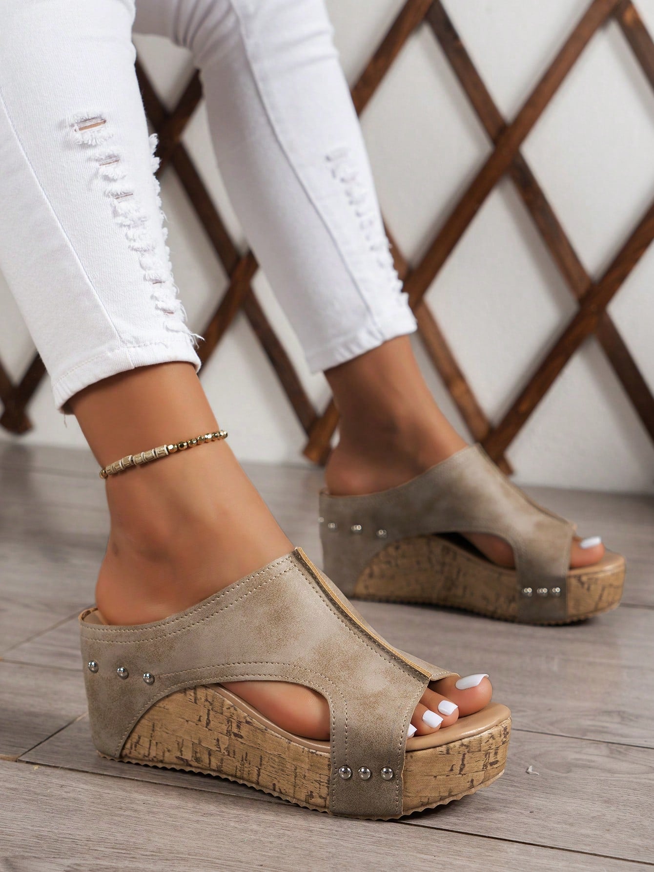 Vintage Peep Toe Peep-Toe Slippers For Women, Beige/Milky White/Black Outdoor Thick Bottom Slope Heel Non-Slip Beach Sandals, Comfortable High Heeled Shoes