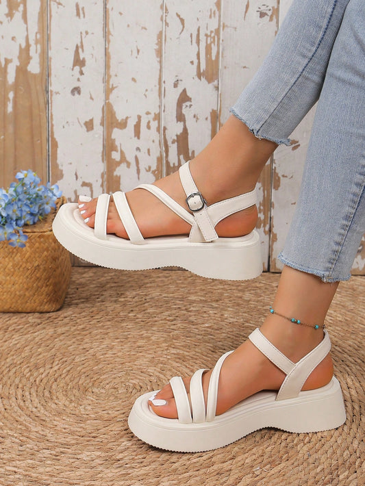 New Summer Style Girls' Sandals With Metal Buckle, Classic Teenagers' Wedge Heel Thick-Soled Casual Student Shoes