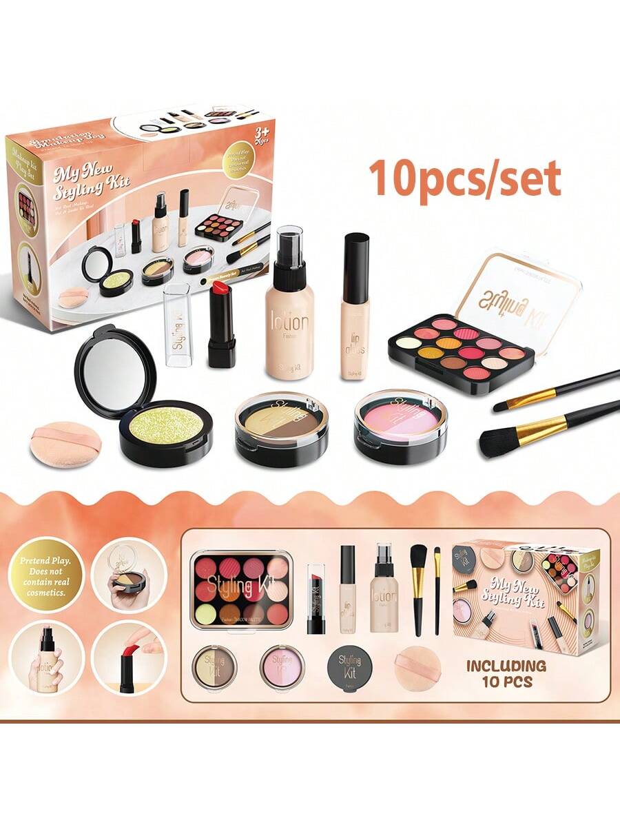 10pcs/Box Girls' Pretend Play Makeup Toy Set, Princess Dress-Up Accessories, With Simulated Comb Dressing, Eyeshadow, Lipstick, Children's Toys, Holiday Gifts