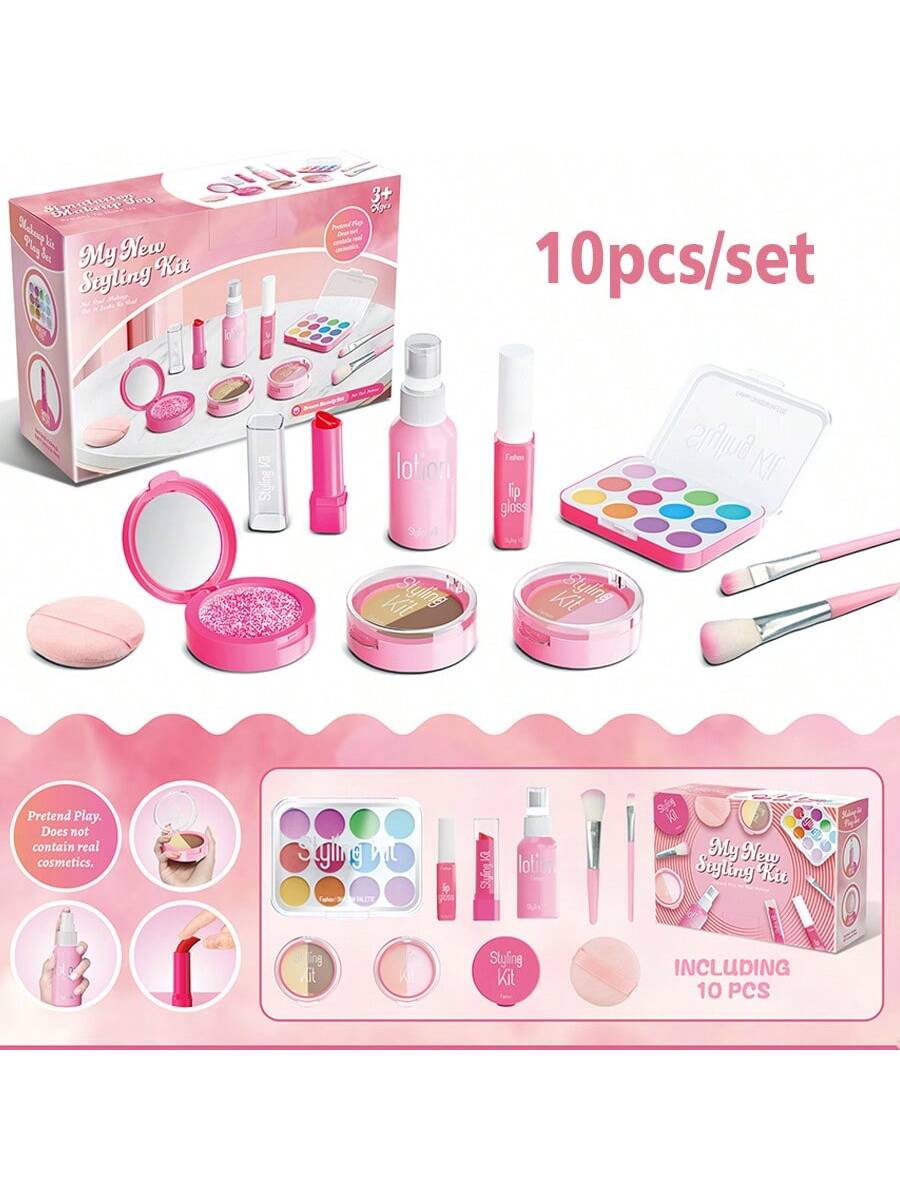 10pcs/Box Girls' Pretend Play Makeup Toy Set, Princess Dress-Up Accessories, With Simulated Comb Dressing, Eyeshadow, Lipstick, Children's Toys, Holiday Gifts