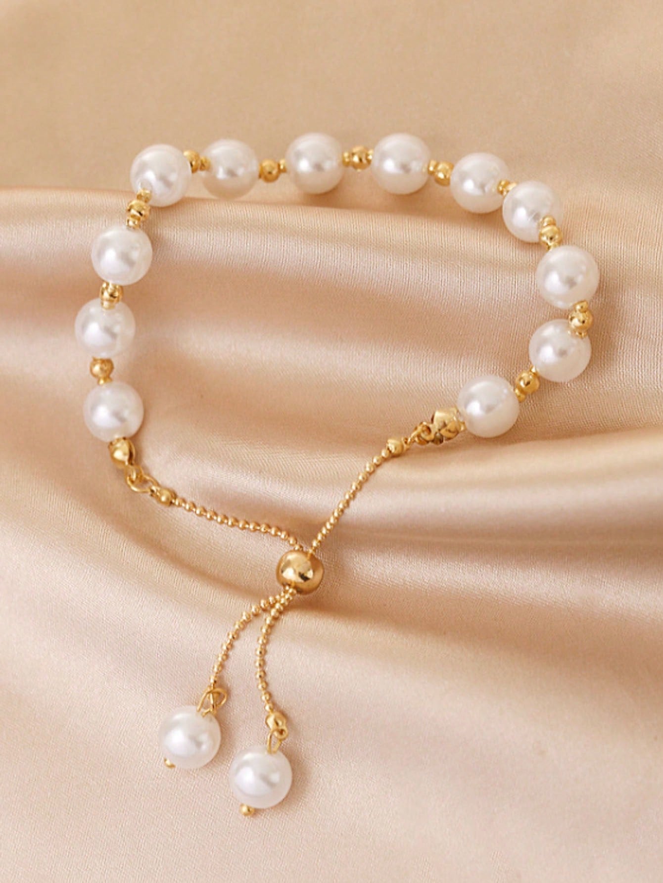 1pc Elegant Faux Pearls Beaded Bracelet Adjustable Hand Jewelry For Girls, Ideal Choice For Gifts- Beads Random