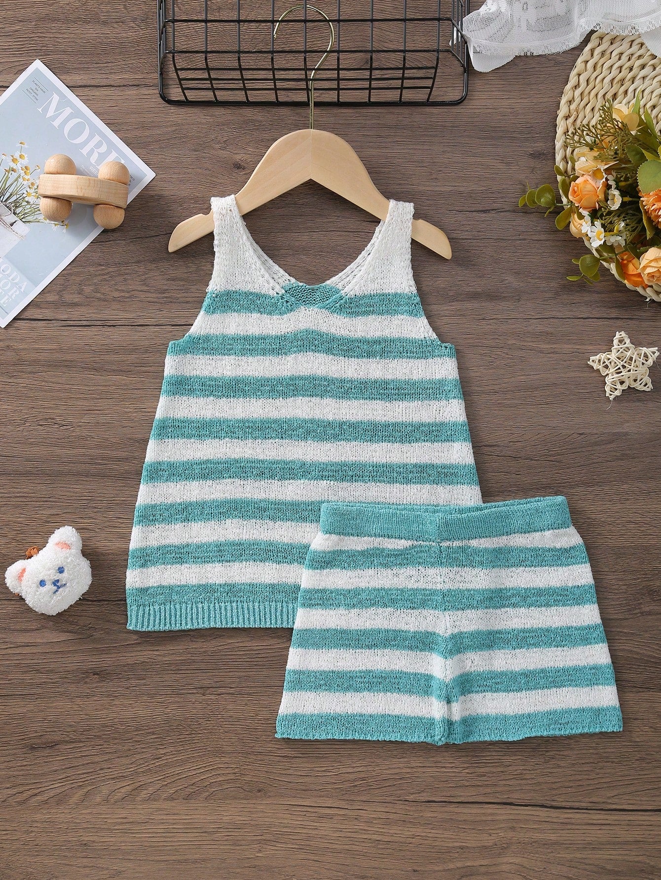 Young Girl Summer Knitted Set With Striped V-Neck Sleeveless Tank Knit Top And Elastic Waist Shorts