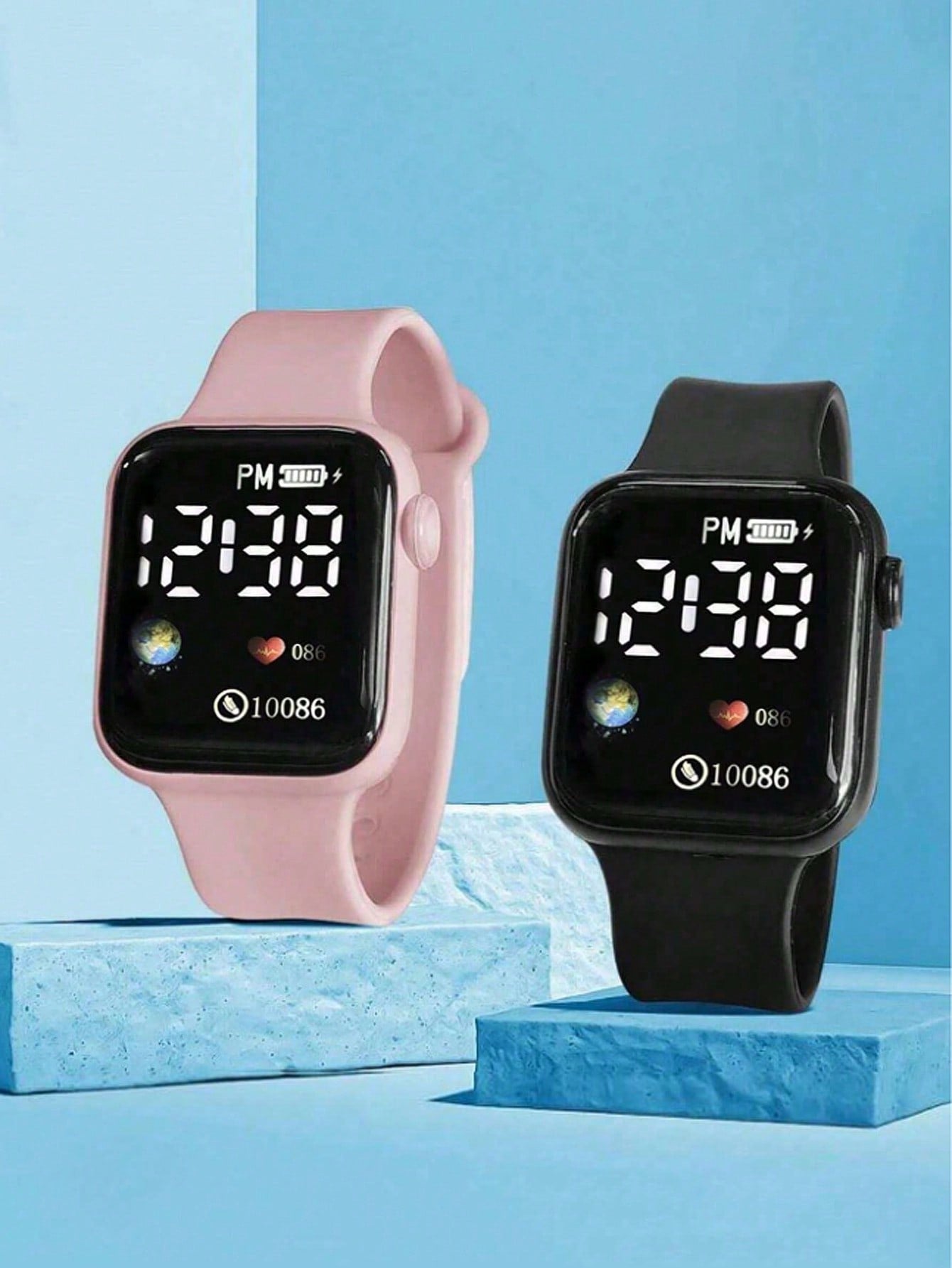 2-Pack Black And Pink PVC Strap Sports Style Square Digital Watch, Suitable For Daily Life