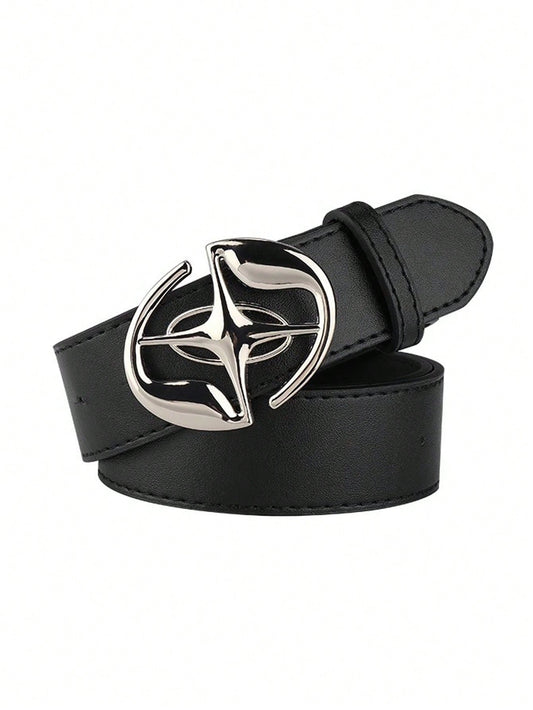 1pc Hollow Out Elliptical Star Moon Waist Belt, Black Casual PU Belt, Punk Style For Jeans