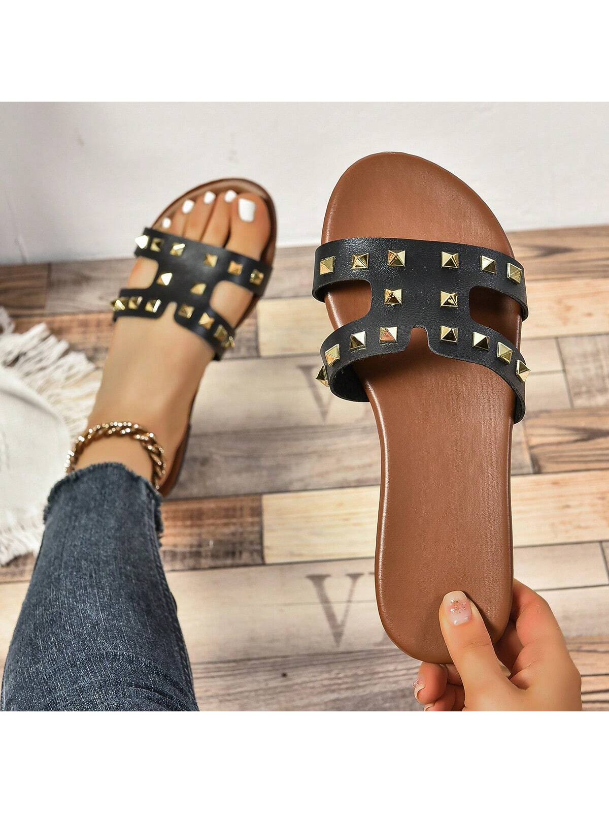 Fashionable Simple Style Women's Flat Sandals For Spring & Summer, Women's White Pu Leather Flat Sandals, Roman Style