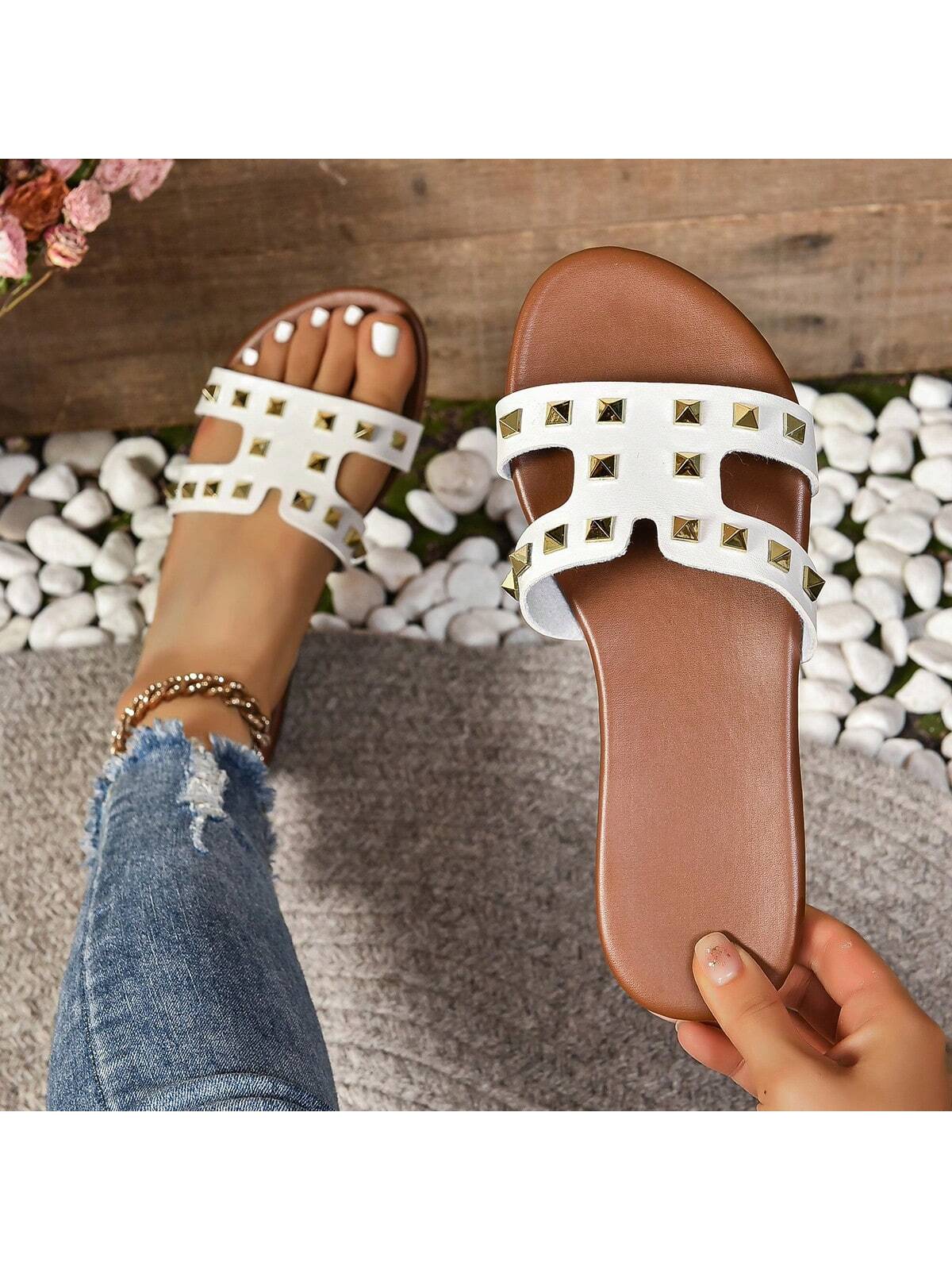 Fashionable Simple Style Women's Flat Sandals For Spring & Summer, Women's White Pu Leather Flat Sandals, Roman Style