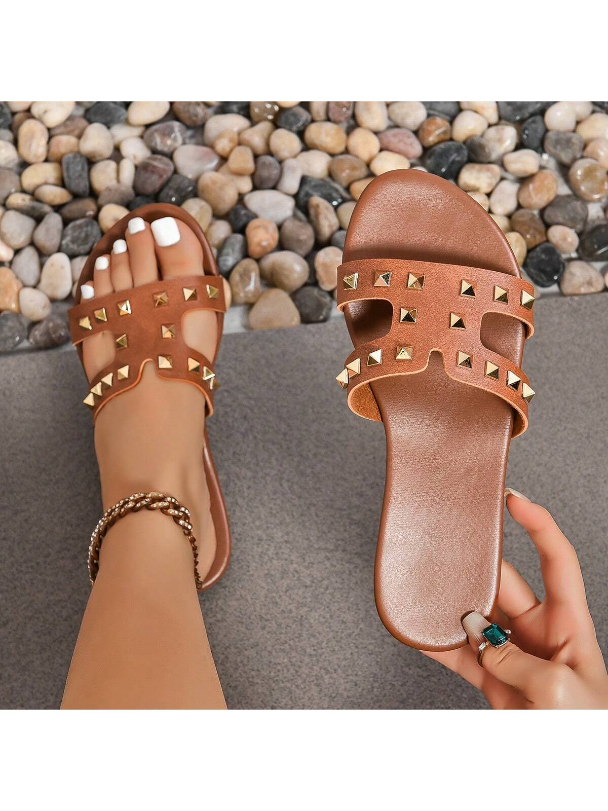 Fashionable Simple Style Women's Flat Sandals For Spring & Summer, Women's White Pu Leather Flat Sandals, Roman Style