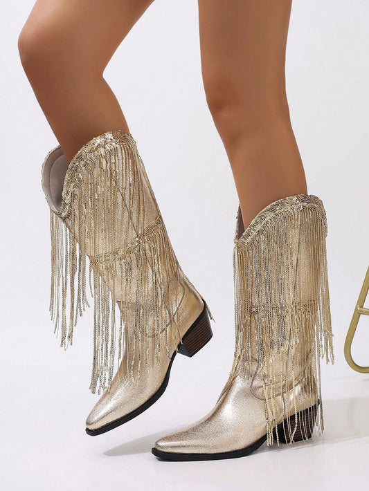 Gold Double-Layer Tassel Medium Heel Square Toe Slip-On Fashionable Comfortable Cowboy Boots Women's Mid-Calf Western Boots