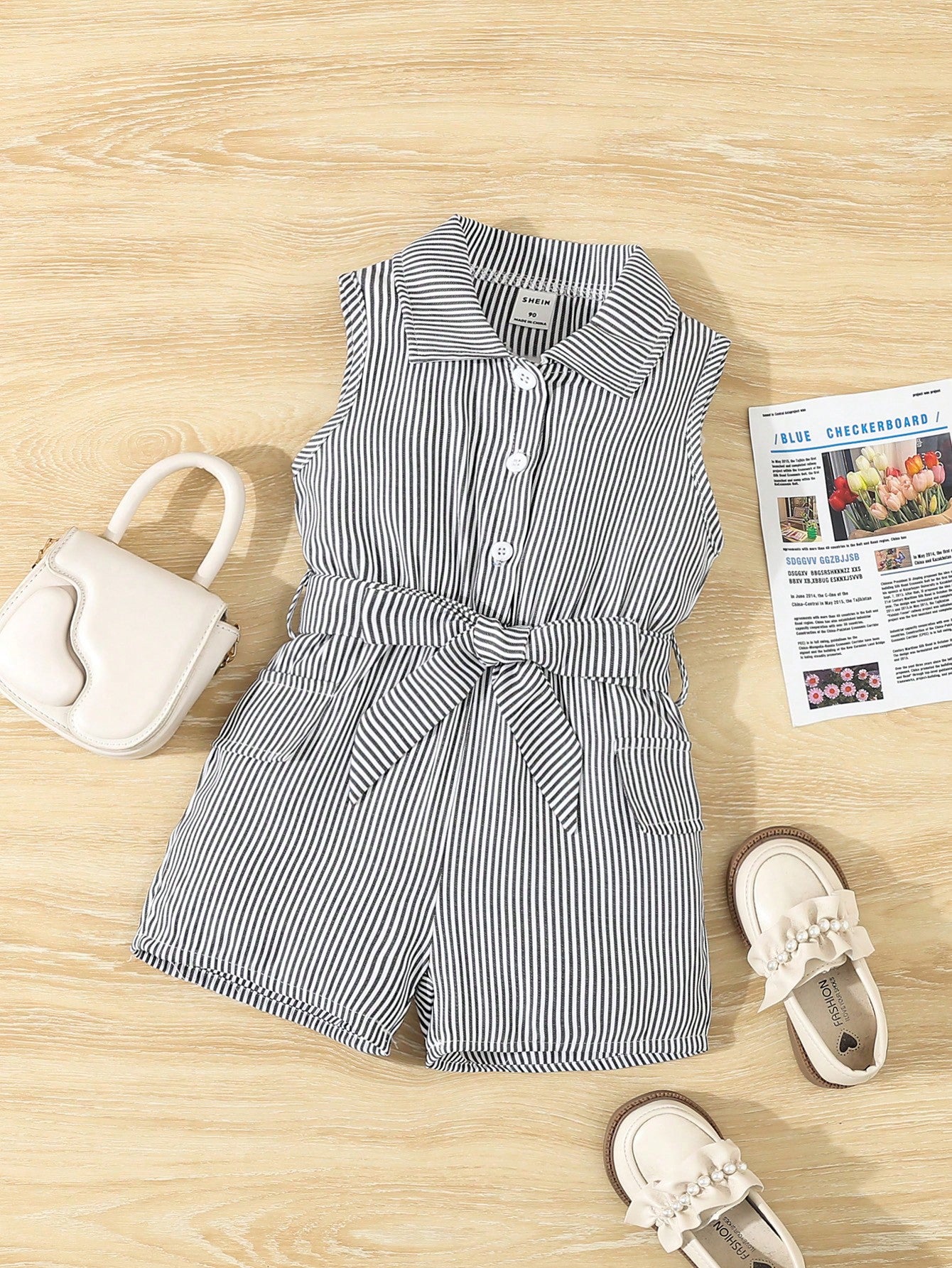 Young Girls' Fashionable Stripe Button Down Sleeveless Romper, Summer