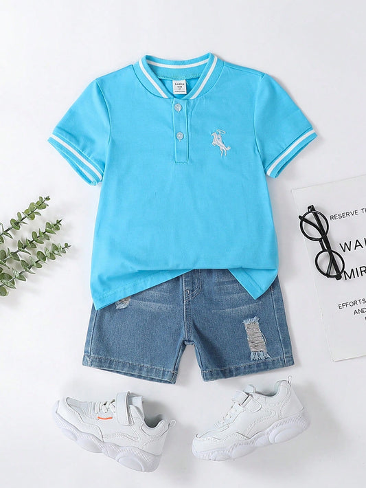 Young Boy Casual Sporty College Style Horse Embroidery Pattern Short Sleeve Polo Shirt, All-Match And Comfortable, Suitable For Going To School, Celebrations And Home Wear, Suitable For Spring And Summer