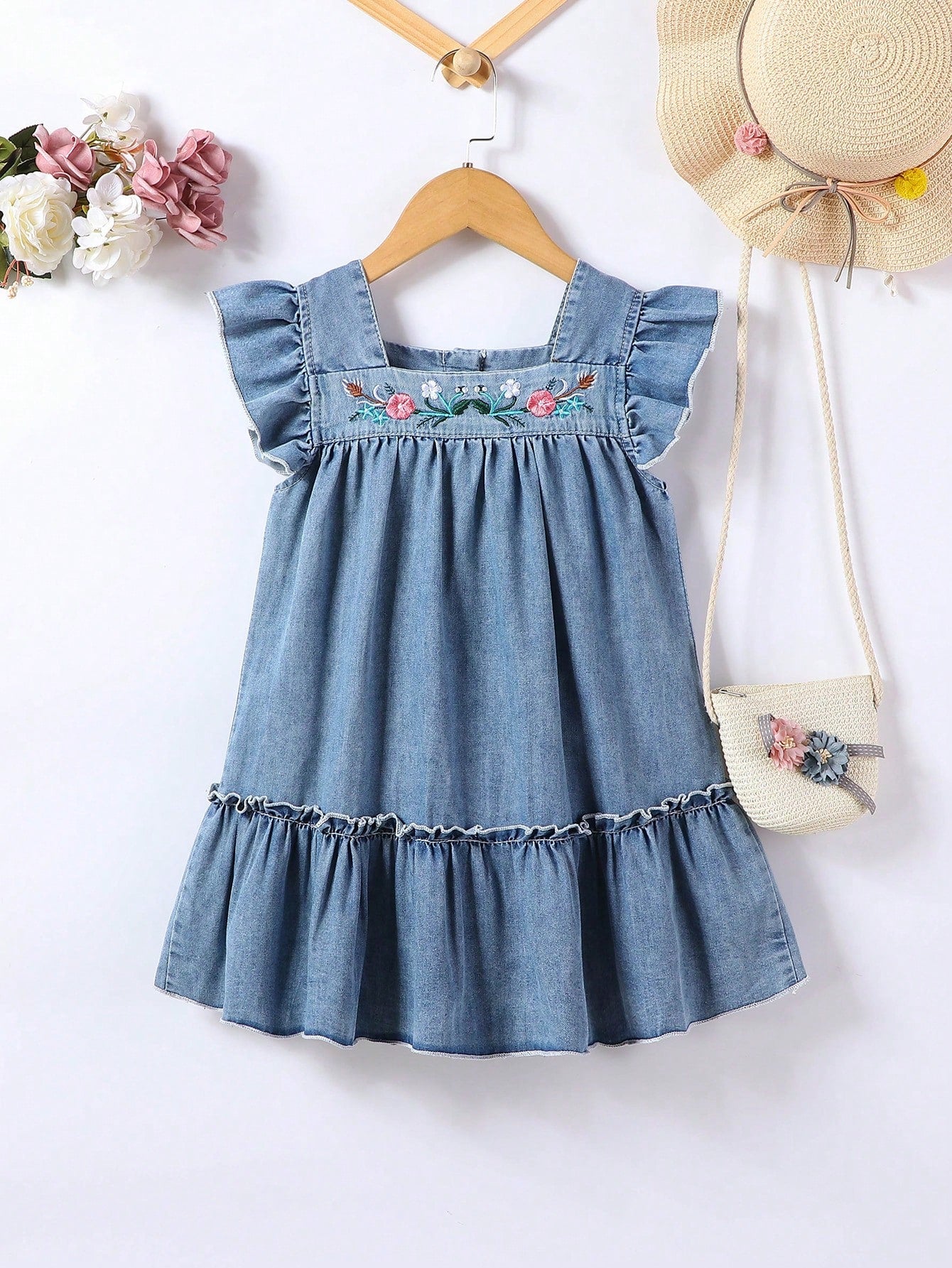 Girls' Sweet Embroidery Design Comfortable & Lively Denim Dress