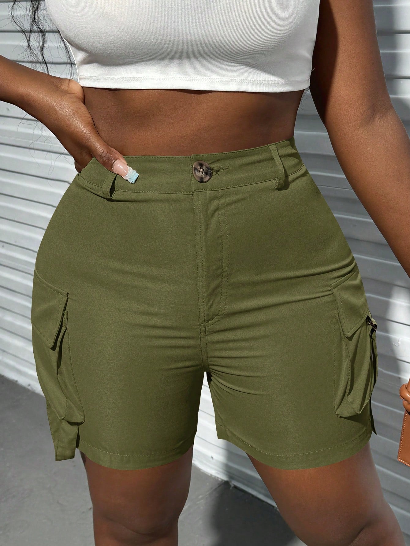 Casual Street Style Khaki-Colored Overall Shorts With Large Pockets For Women