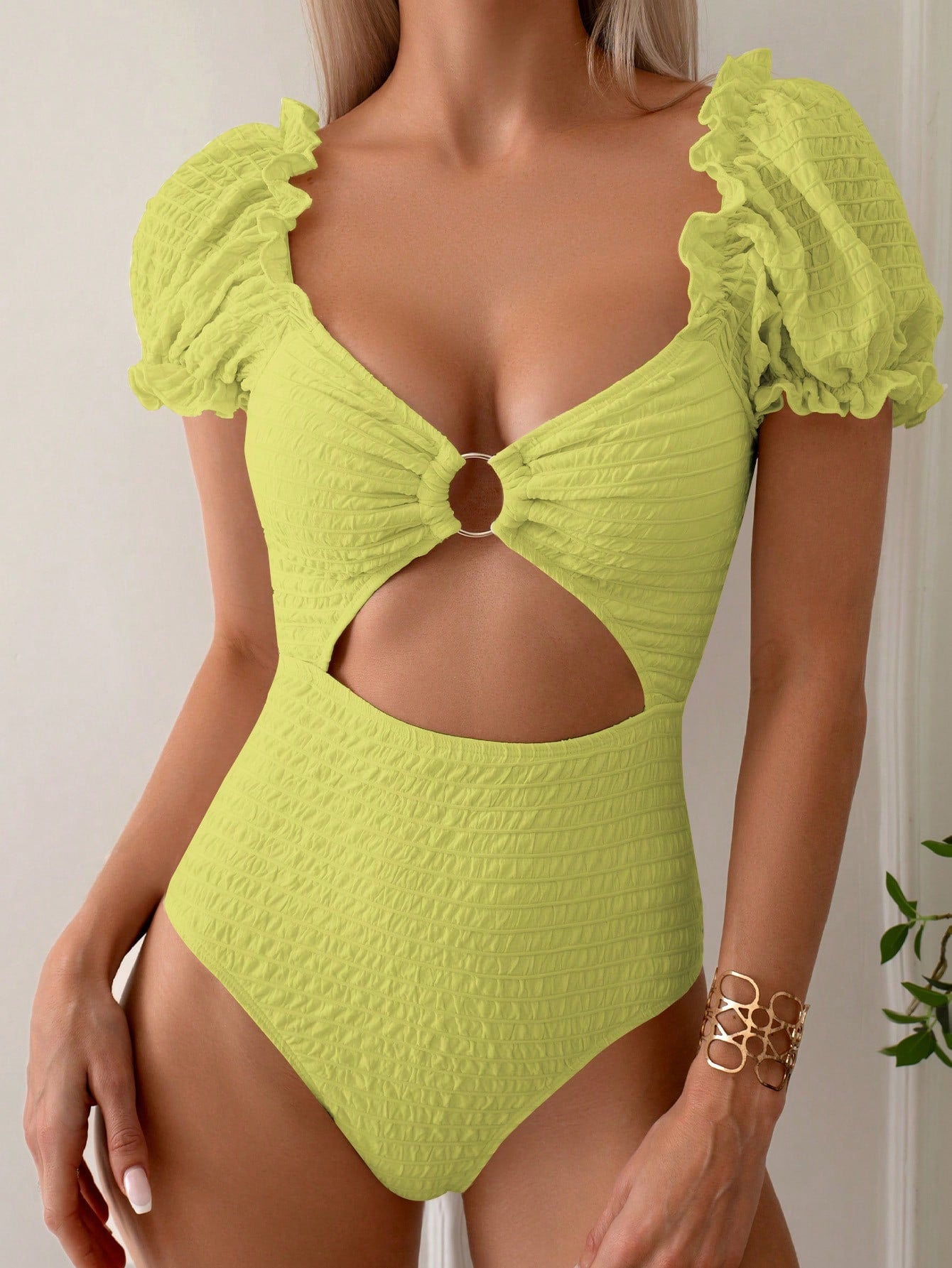 Swim Mod Summer Beach Women's Hollow Out Puff Sleeve One-Piece Swimsuit