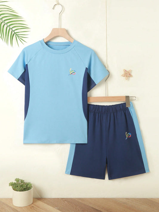 Boys' Outdoor Quick-Drying Color-Contrast Stitching Short Sleeve Shorts Set, Suitable For Soccer, Tennis, Basketball And Other Sports