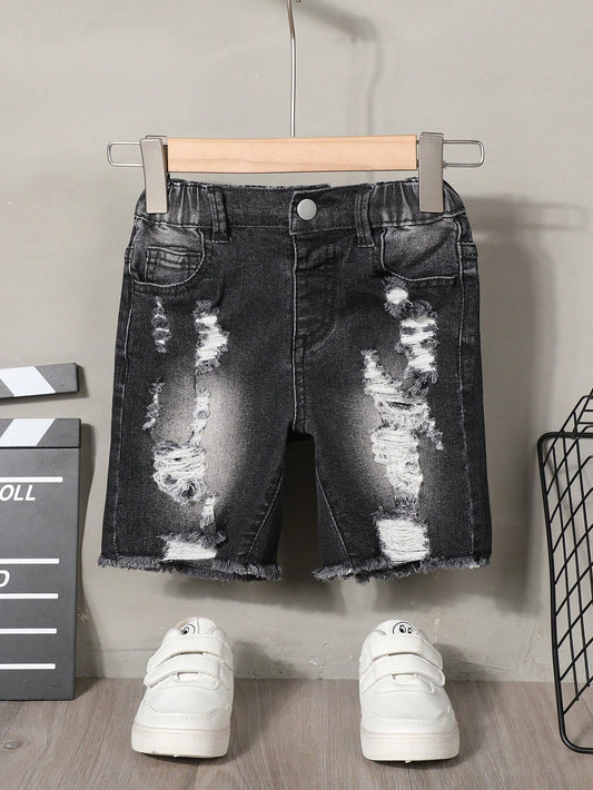 Young Boys' Sandblasted + Horse Spray + Street Cut-Up And Washed Ripped Denim Shorts